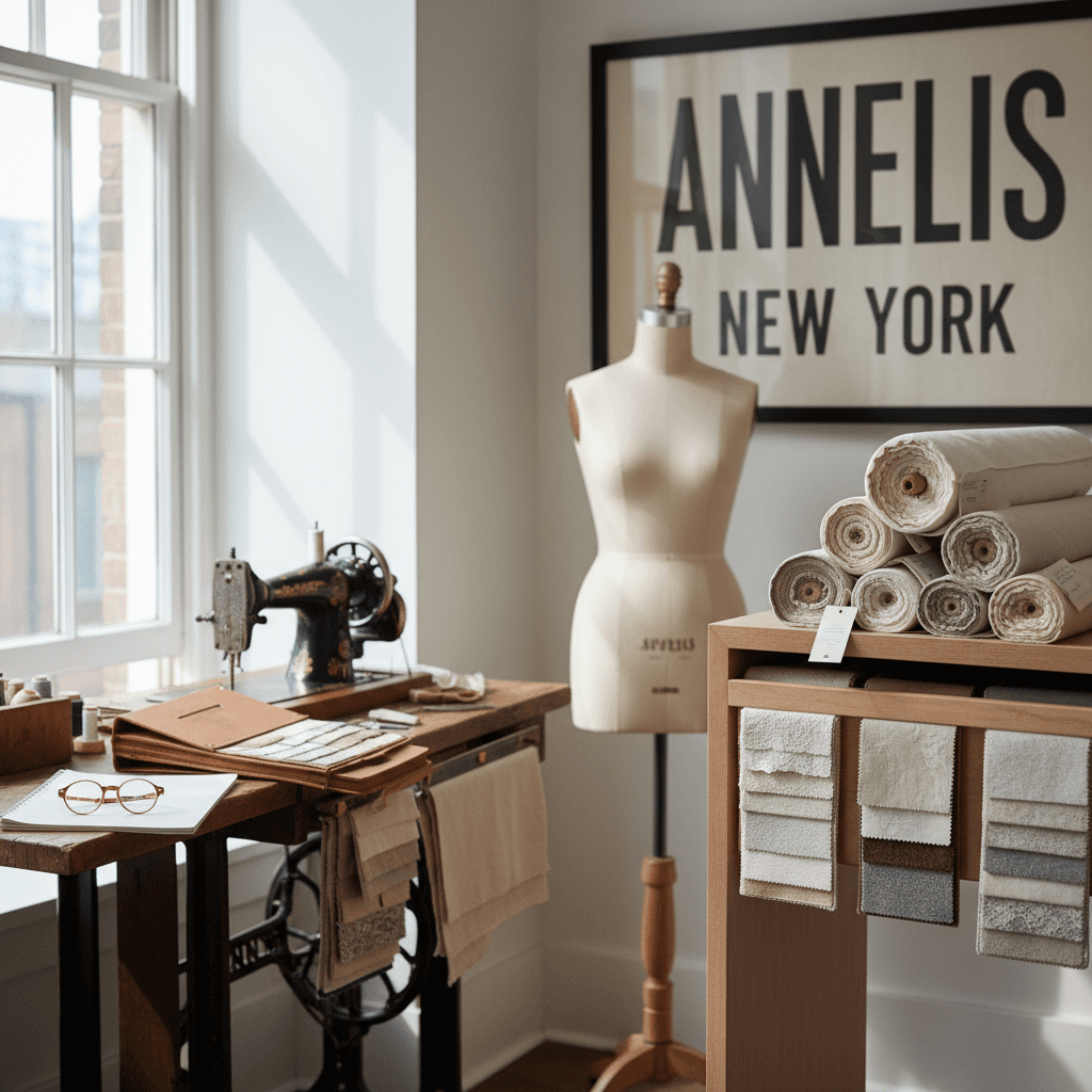 Ivory fabric bolts and swatch books in a refined fashion atelier, softly lit.