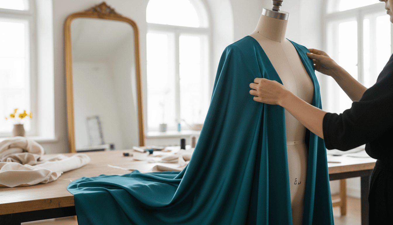 Hands draping silk fabric on a dress form in a bright atelier