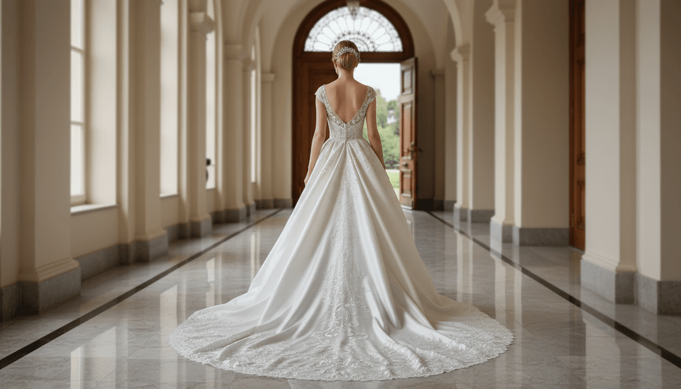 Custom wedding dress train on a polished floor