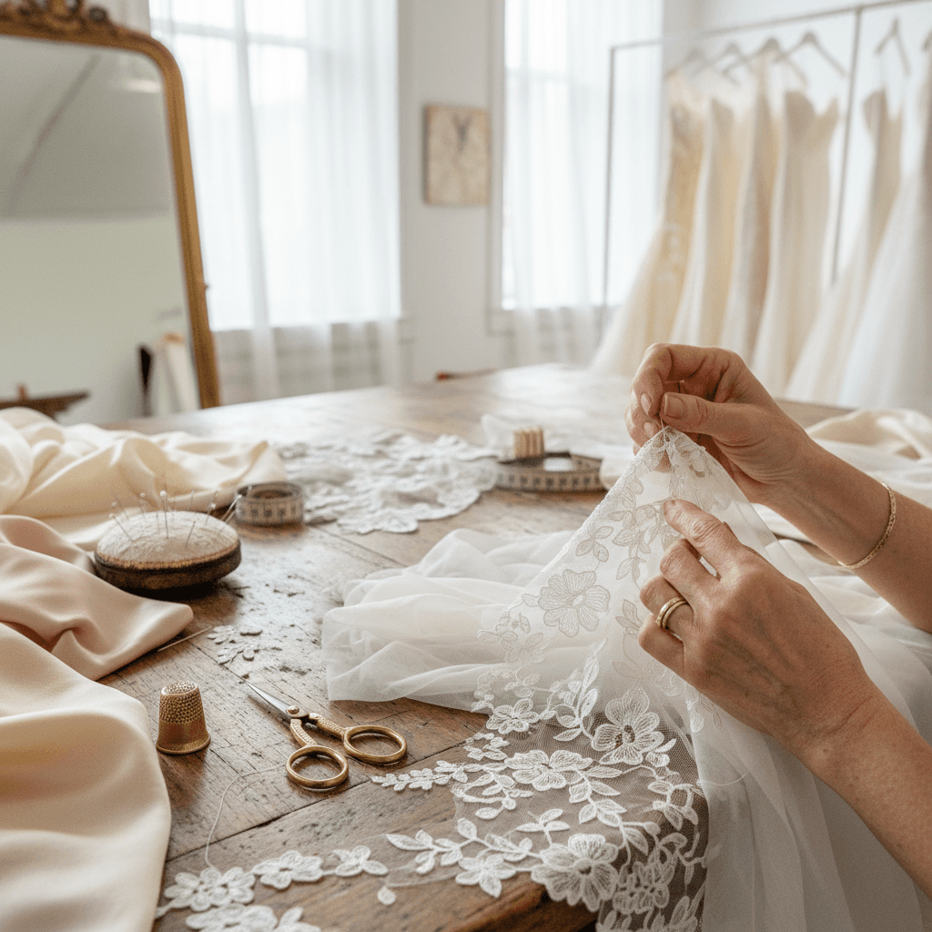 Artisan hand-stitching ivory bridal lace in a Manhattan fashion studio.