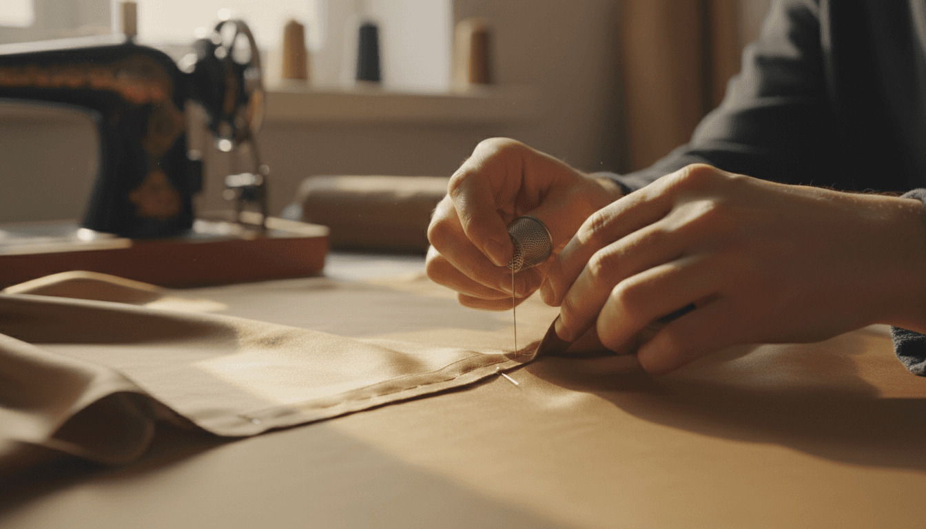 Hand stitching silk fabric in a quiet atelier