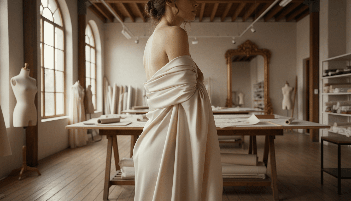 Ivory fabric draped over a woman's shoulder in a bright Manhattan atelier