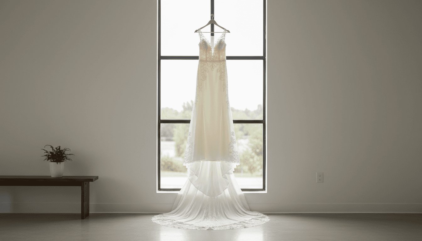 Finished ivory wedding gown hanging in natural window light in a minimalist studio