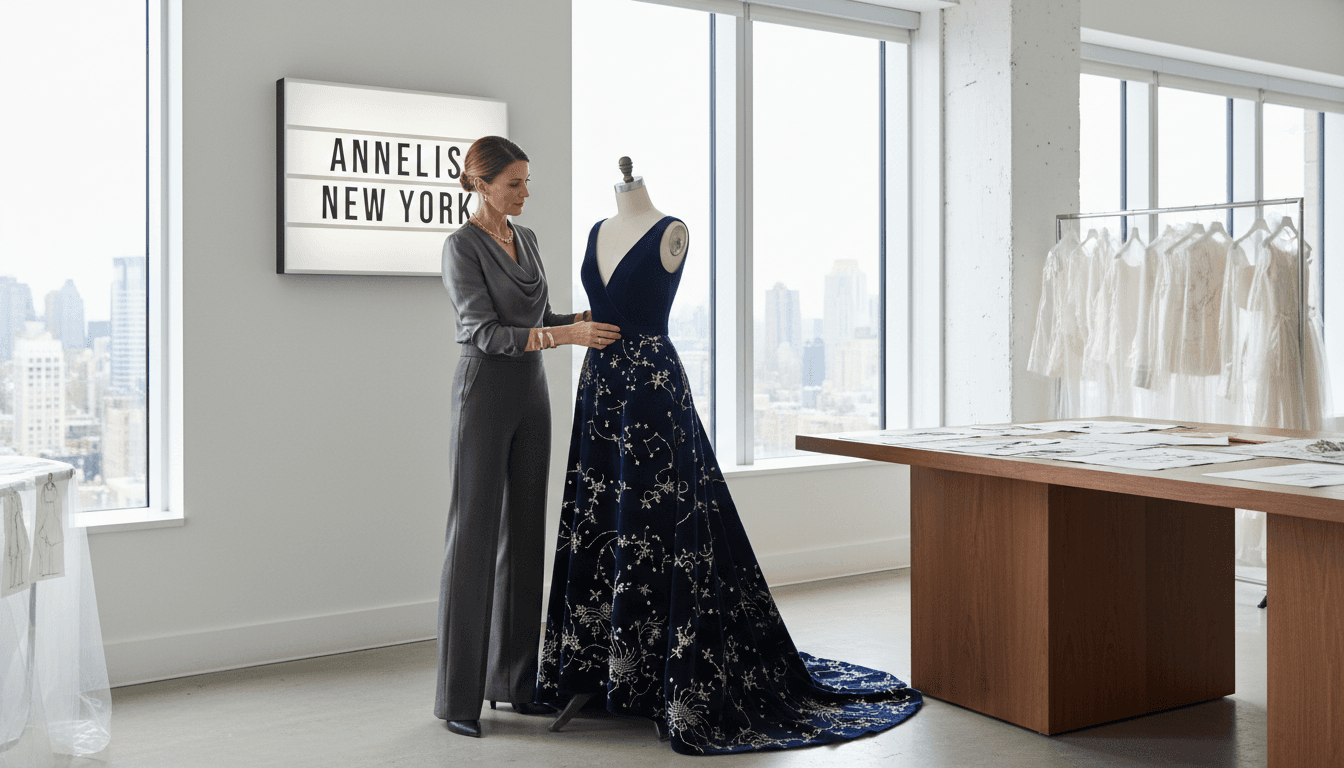 Fashion designer in Manhattan atelier adjusting a gown on a mannequin in soft natural light