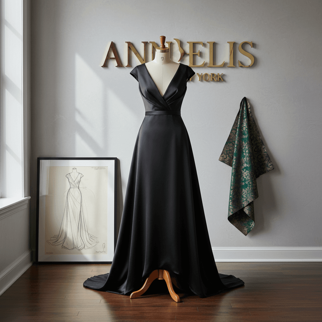 Luxurious black satin evening gown draped elegantly on a wooden dress form in a fashion studio setting.