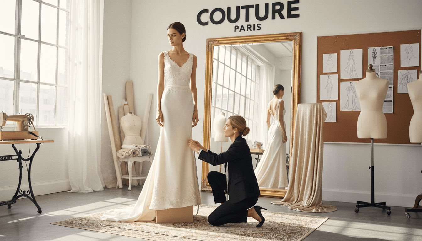 A designer adjusting the fit of a custom gown on a client in a sunlit Manhattan atelier