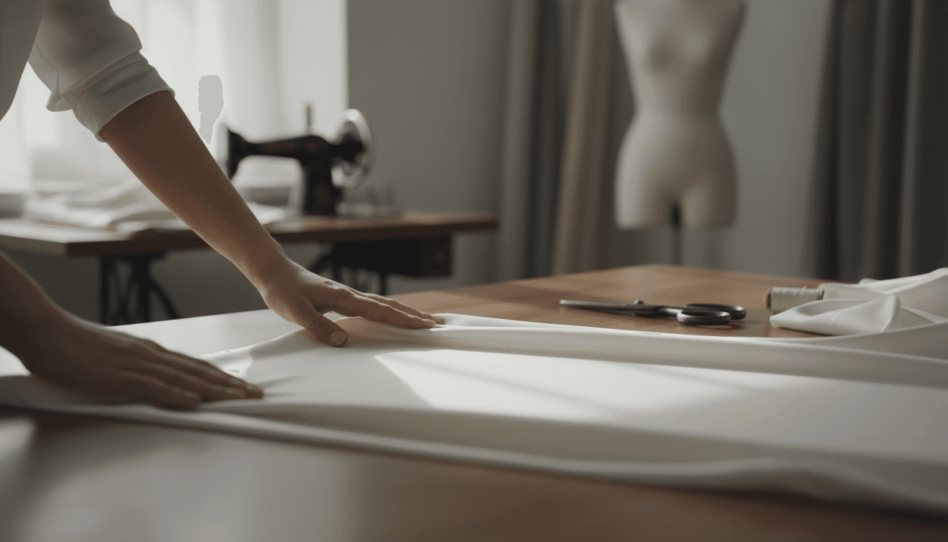 Close-up of hands smoothing ivory silk fabric in a quiet atelier