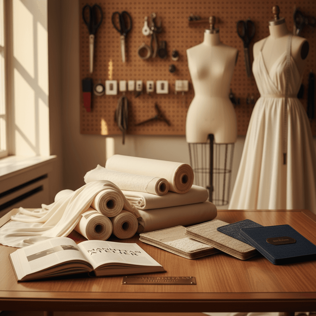 Ivory fabric bolts and swatch books neatly arranged in a sophisticated fashion atelier.