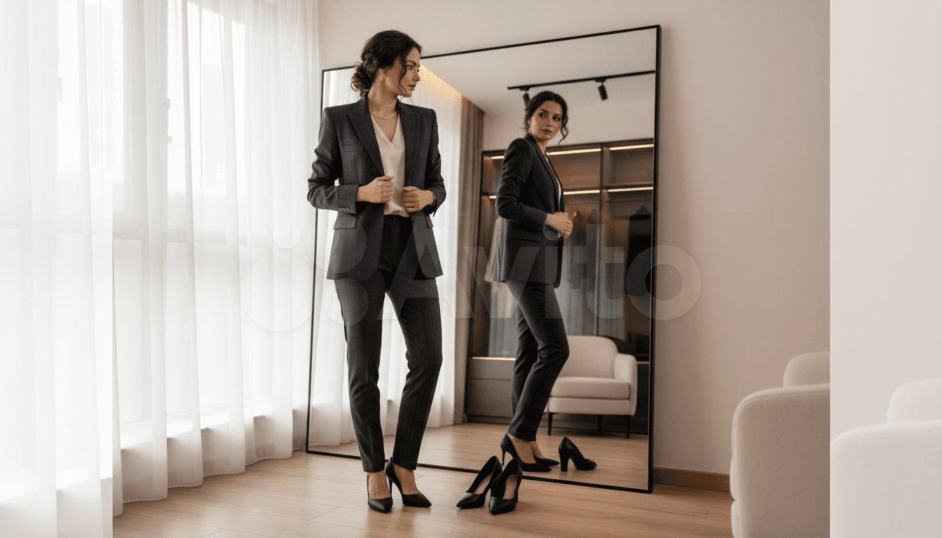 Woman in a charcoal suit examining her reflection in a full-length mirror