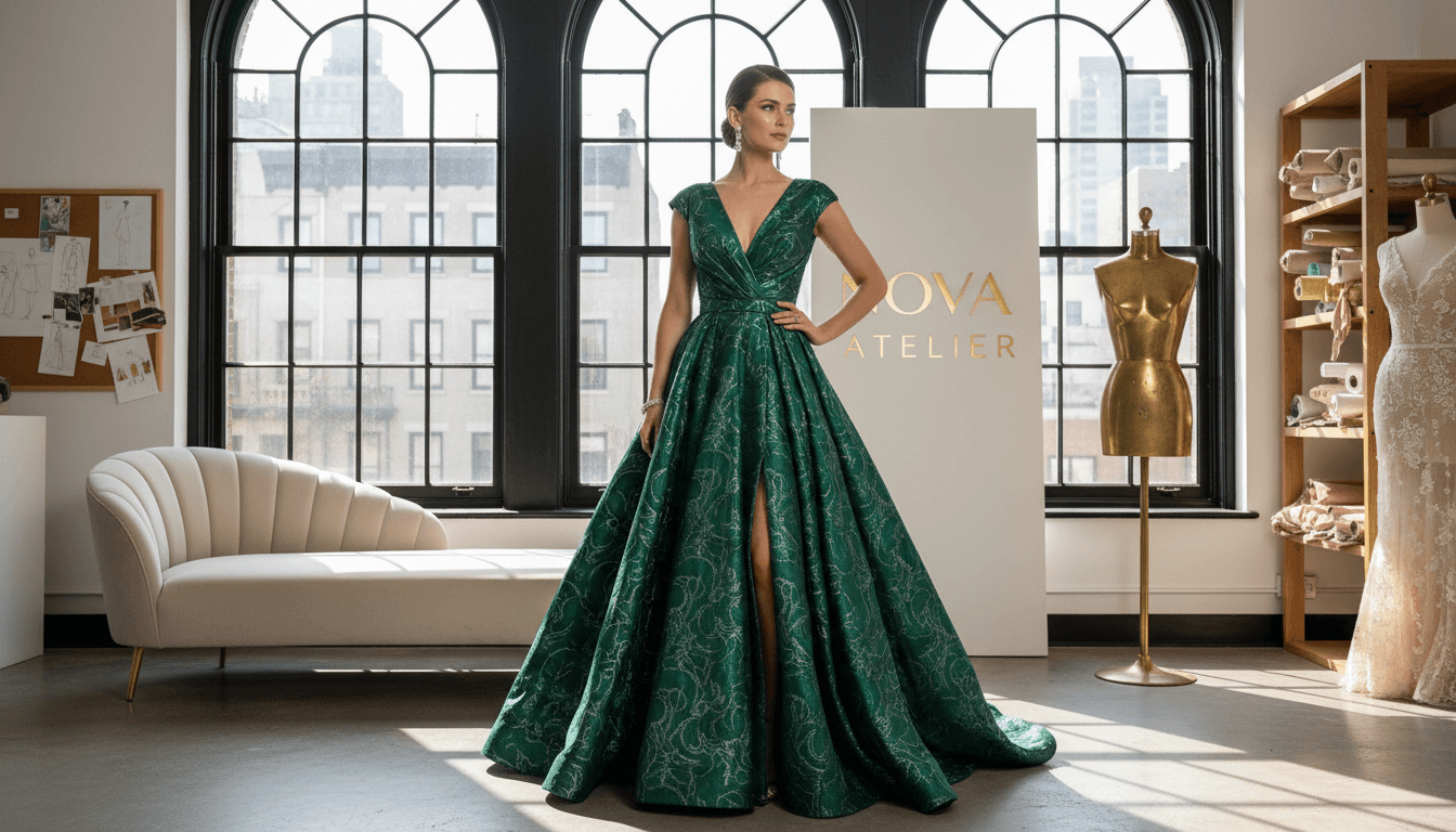 Woman in a custom evening gown in a bright, elegant Manhattan atelier.