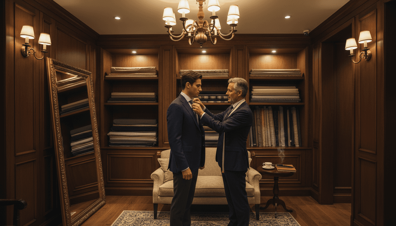 Measuring a client for a custom suit during a fitting
