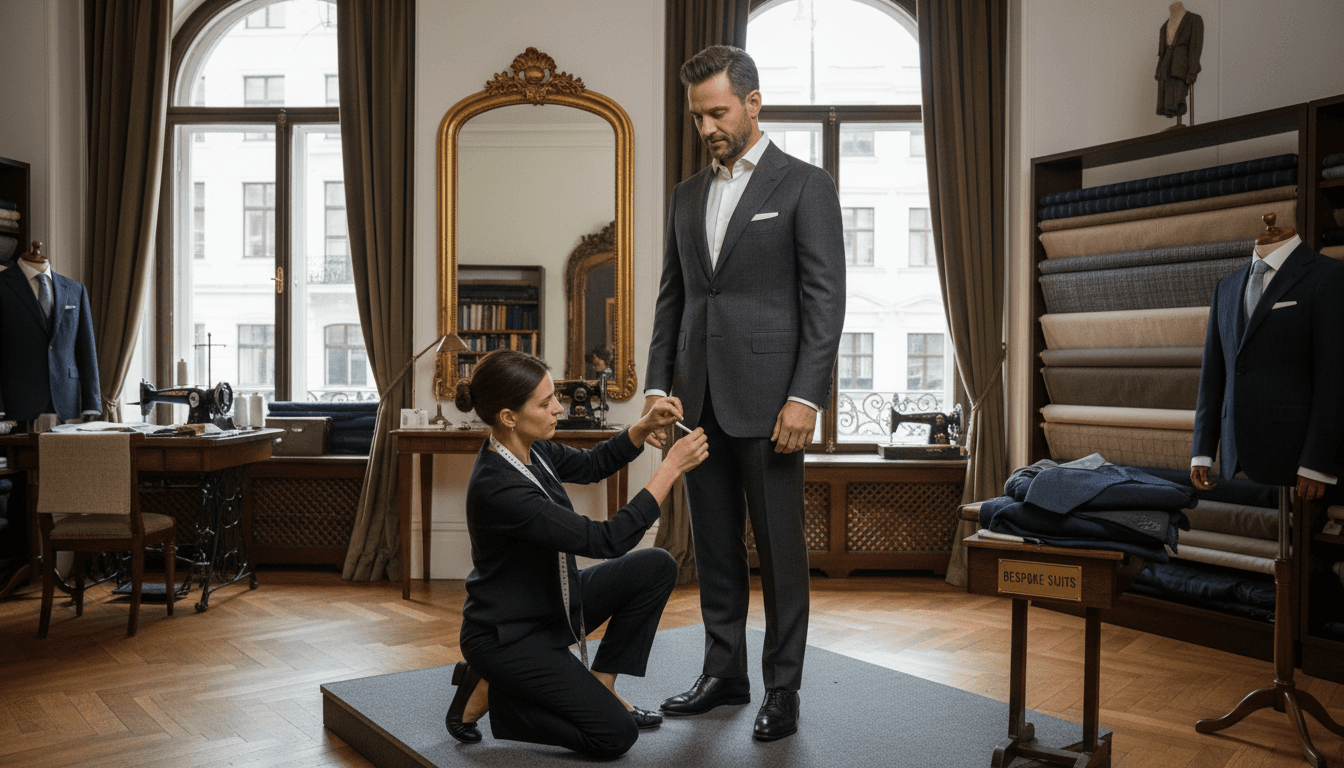 Adjusting the hem of a professional suit jacket during a fitting