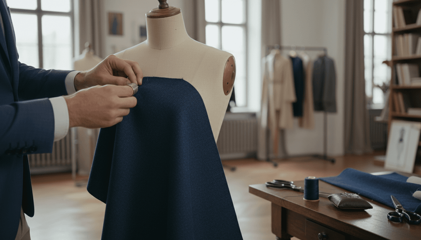 Tailor hand-stitching dark fabric on a mannequin in a refined New York atelier
