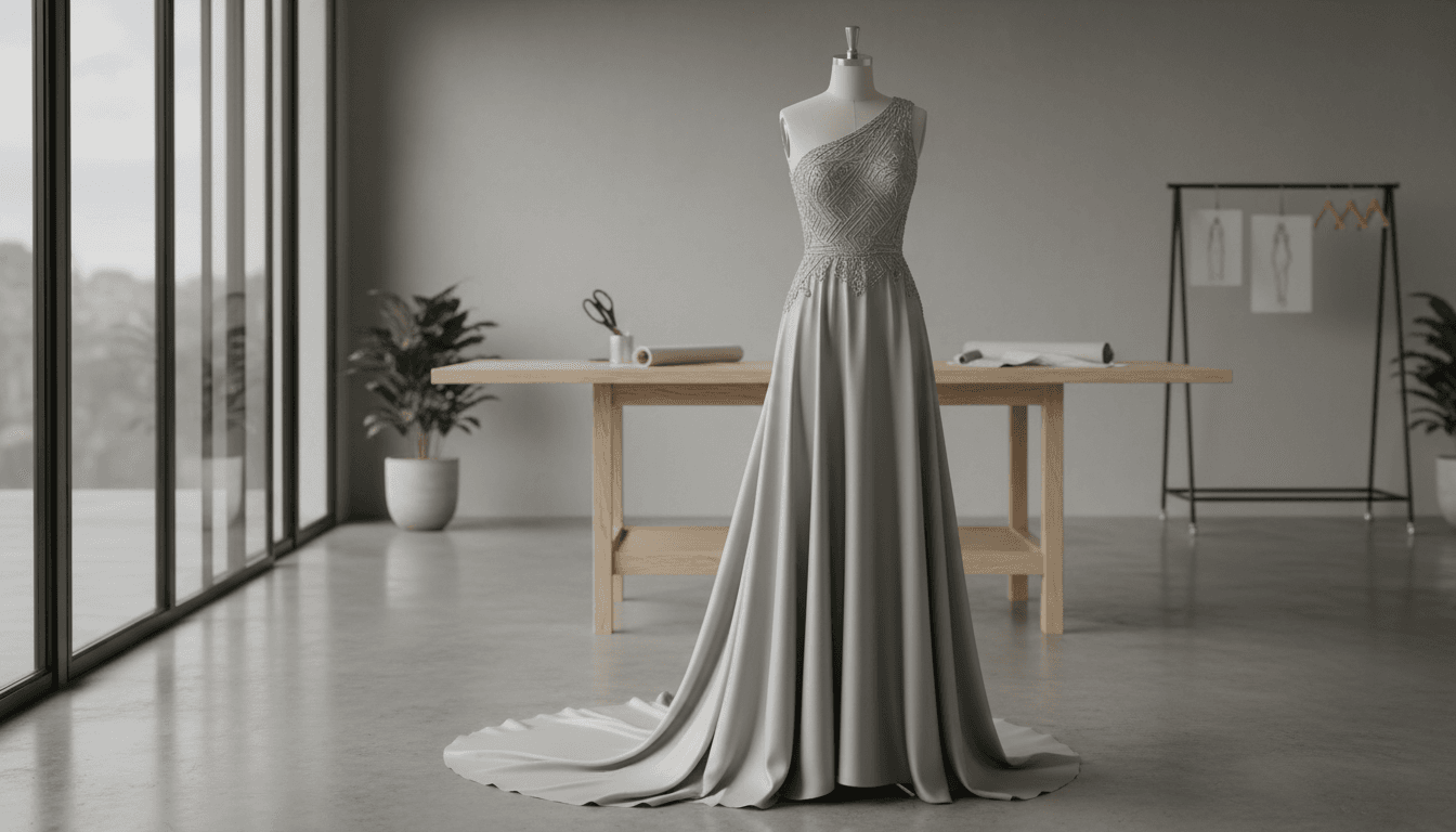 Evening gown draped on a form in a bright studio