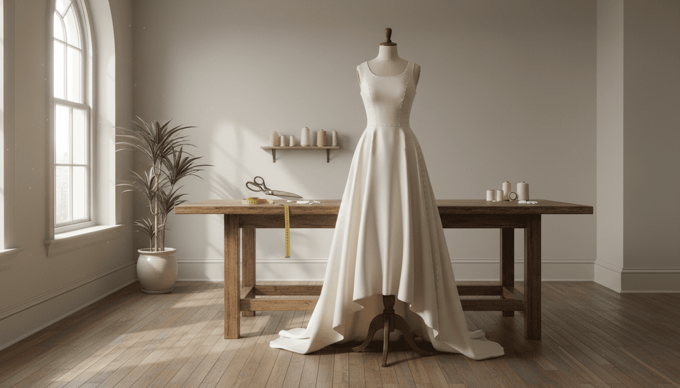 Half-finished bespoke gown on a dress form in a quiet Manhattan atelier