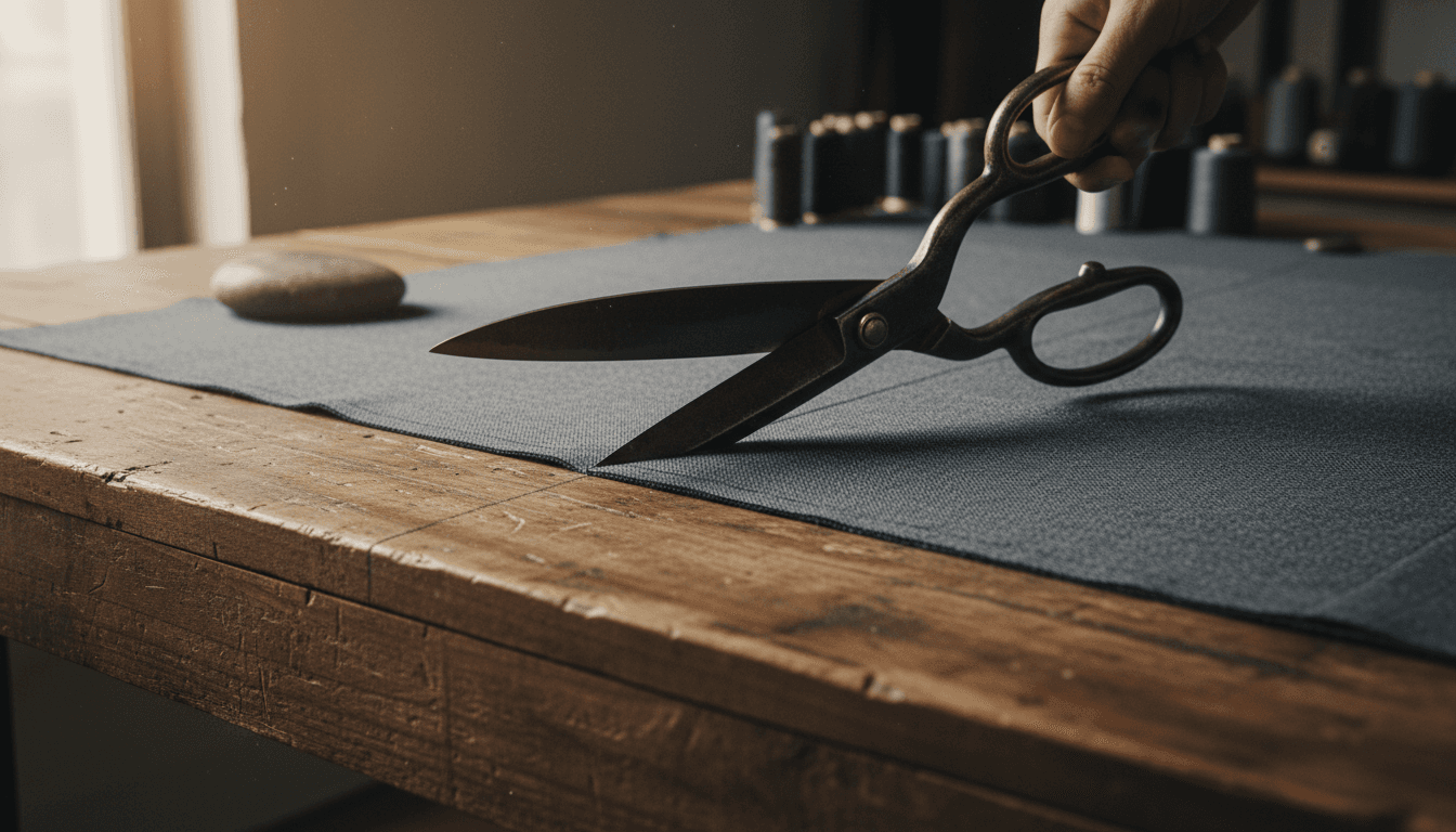 Tailor's shears cutting charcoal gray suiting fabric on a wooden cutting table