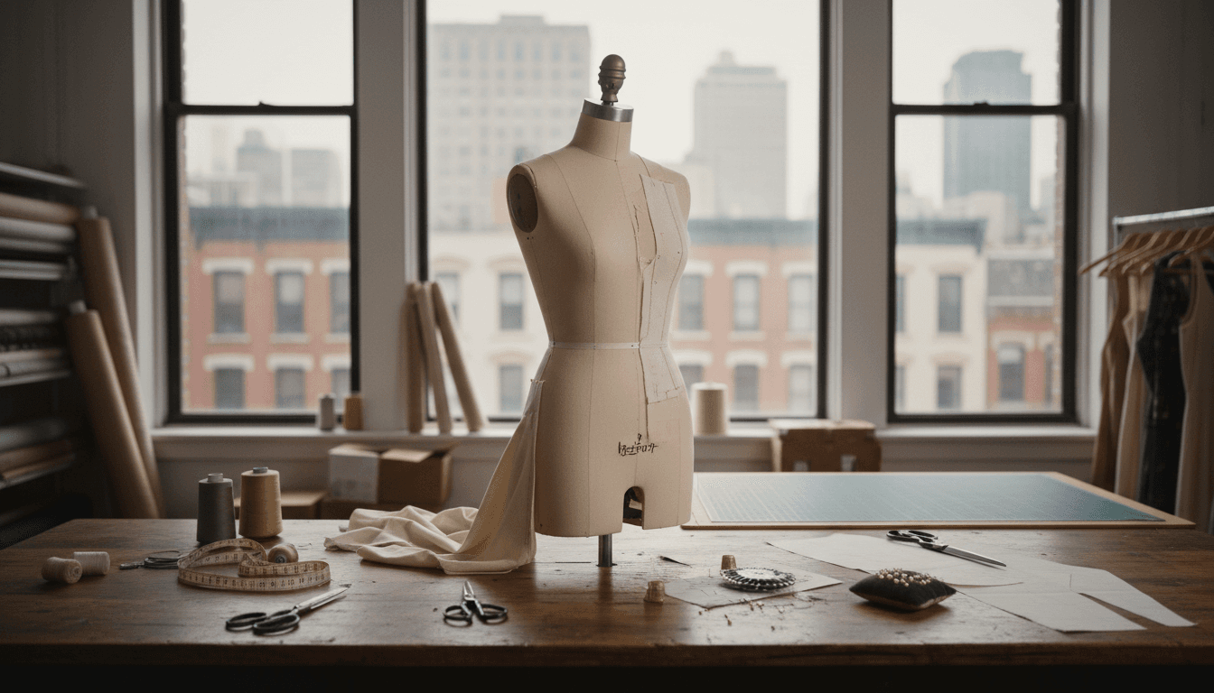 Interior of a quiet Manhattan atelier with a dress form and sewing station in natural light