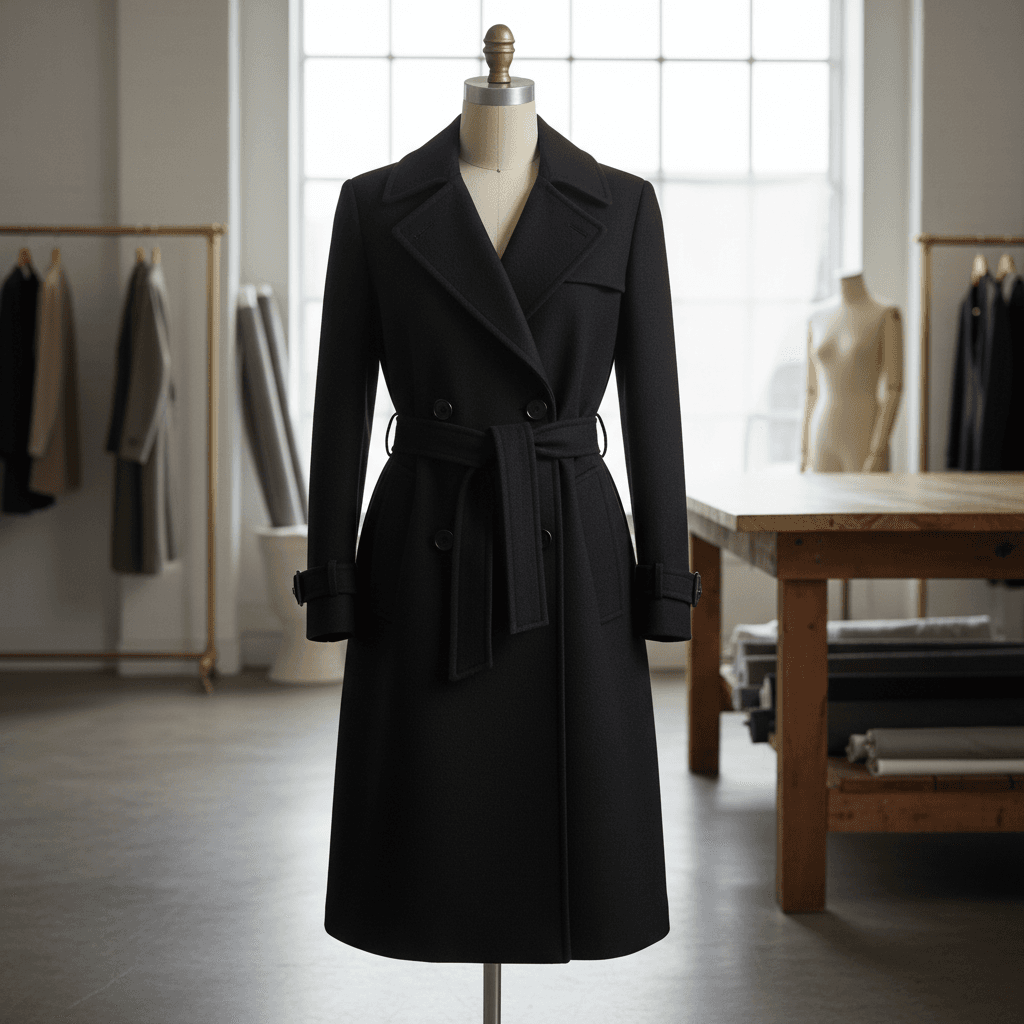 Black wool trench coat with a tailored fit on a dress form in a fashion studio