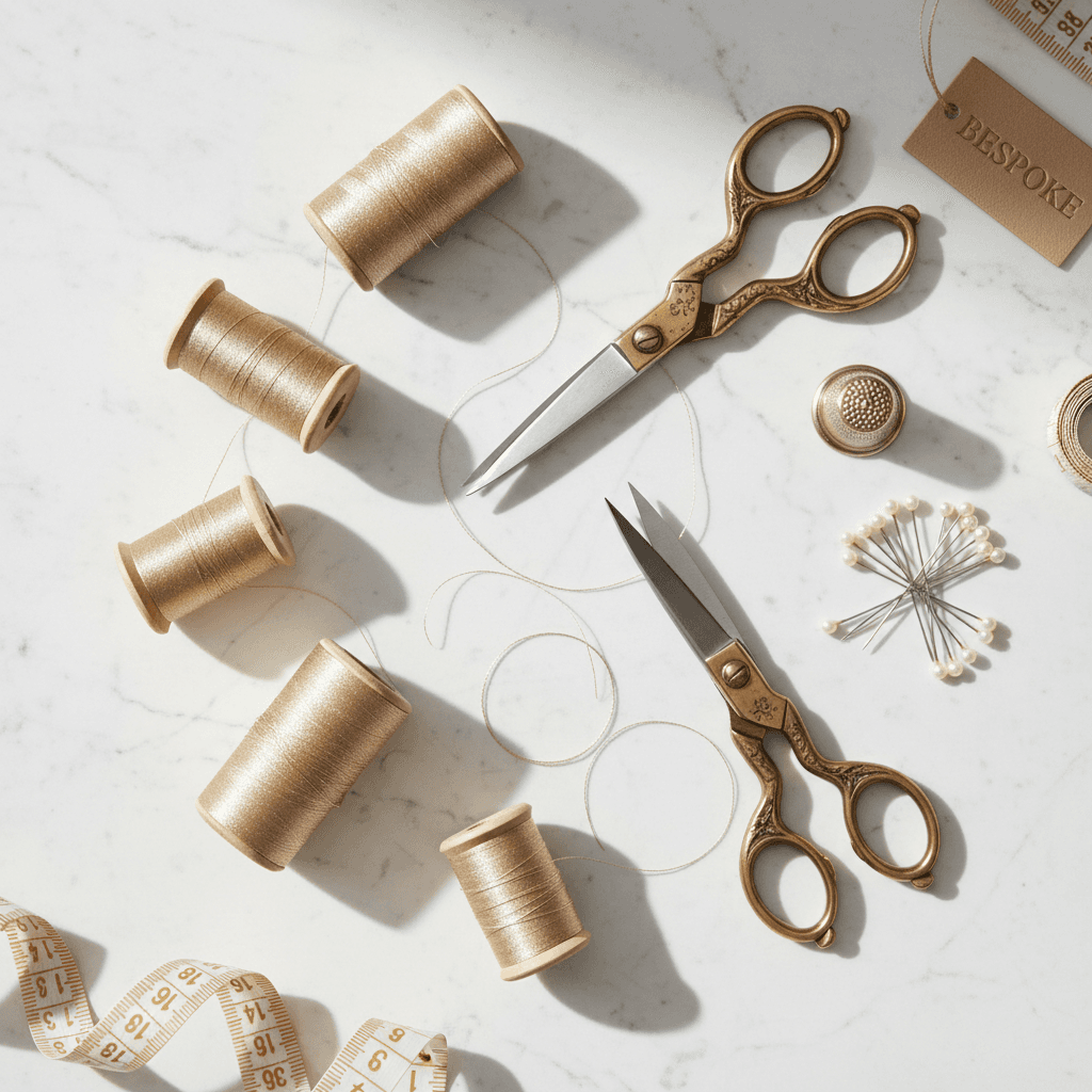 Champagne gold thread spools and ornate sewing scissors on white marble.