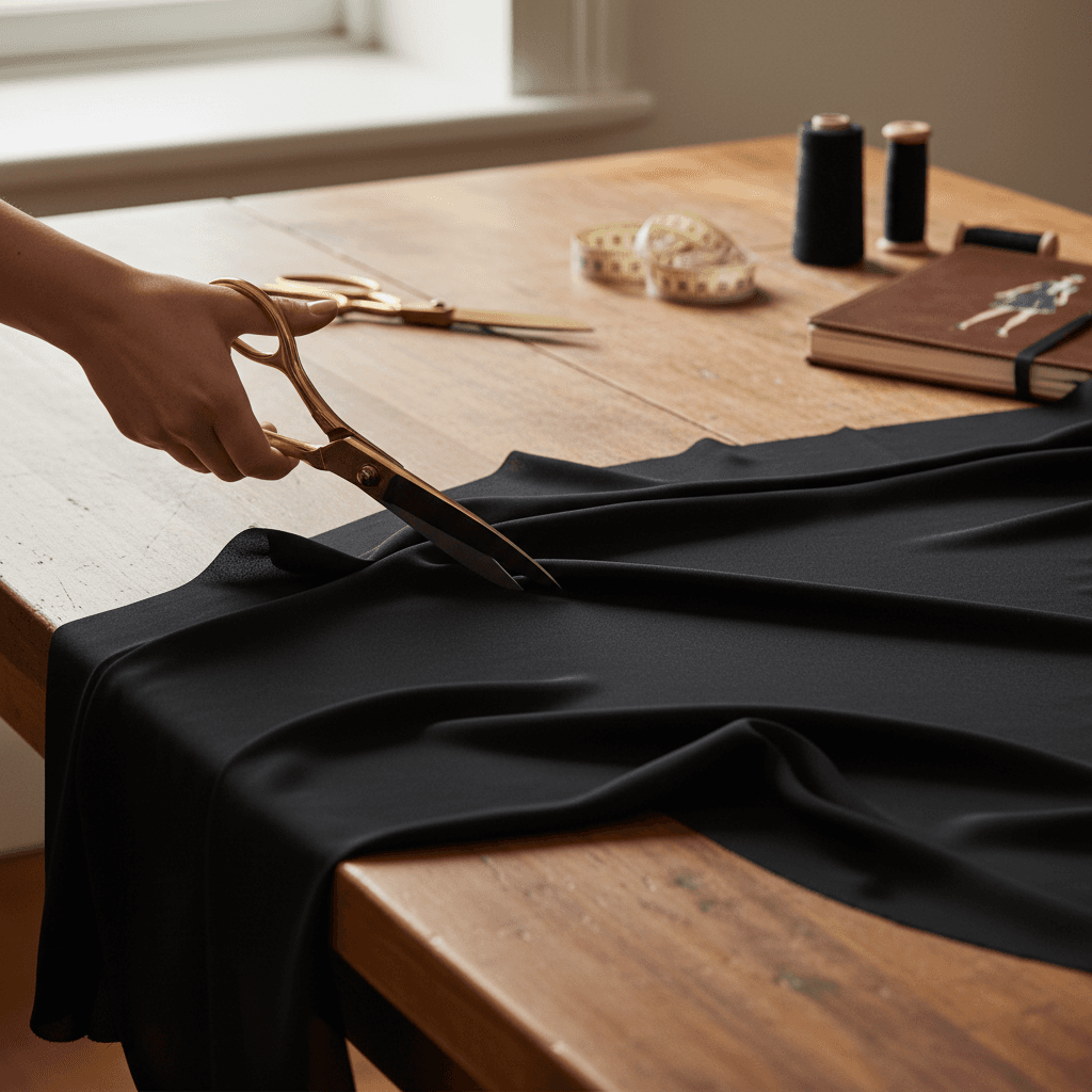 Hand cutting a length of black crepe on a worktable