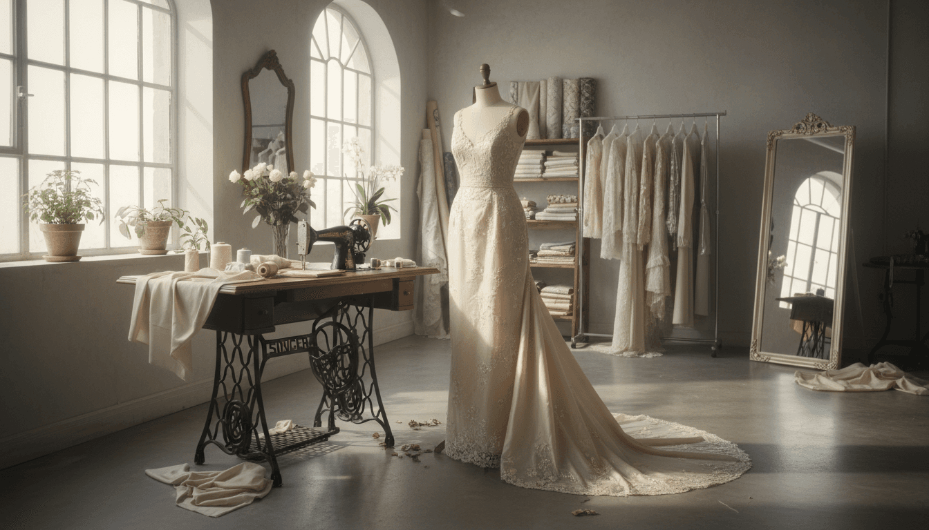 Interior of a women's fashion atelier with a mannequin and sewing table in soft natural light