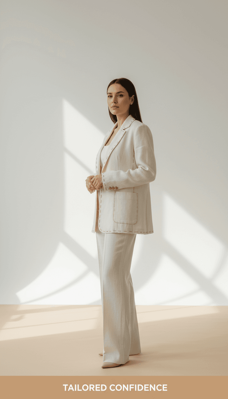 Woman in a tailored suit at a Manhattan design studio
