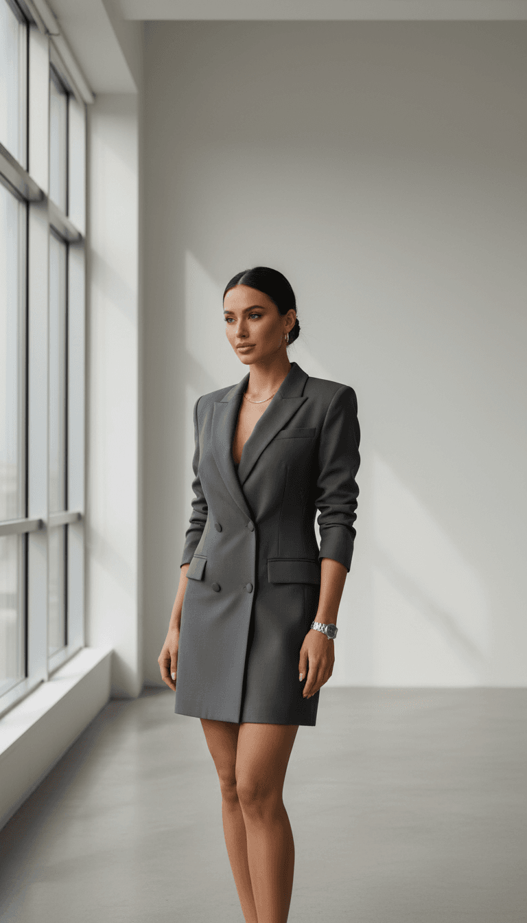 Charcoal wool blazer with hand-finished stitching on a dress form