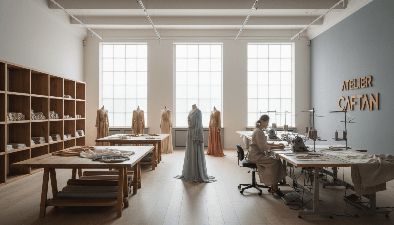 Clean work studio with a row of custom garment bags and a single sewing machine