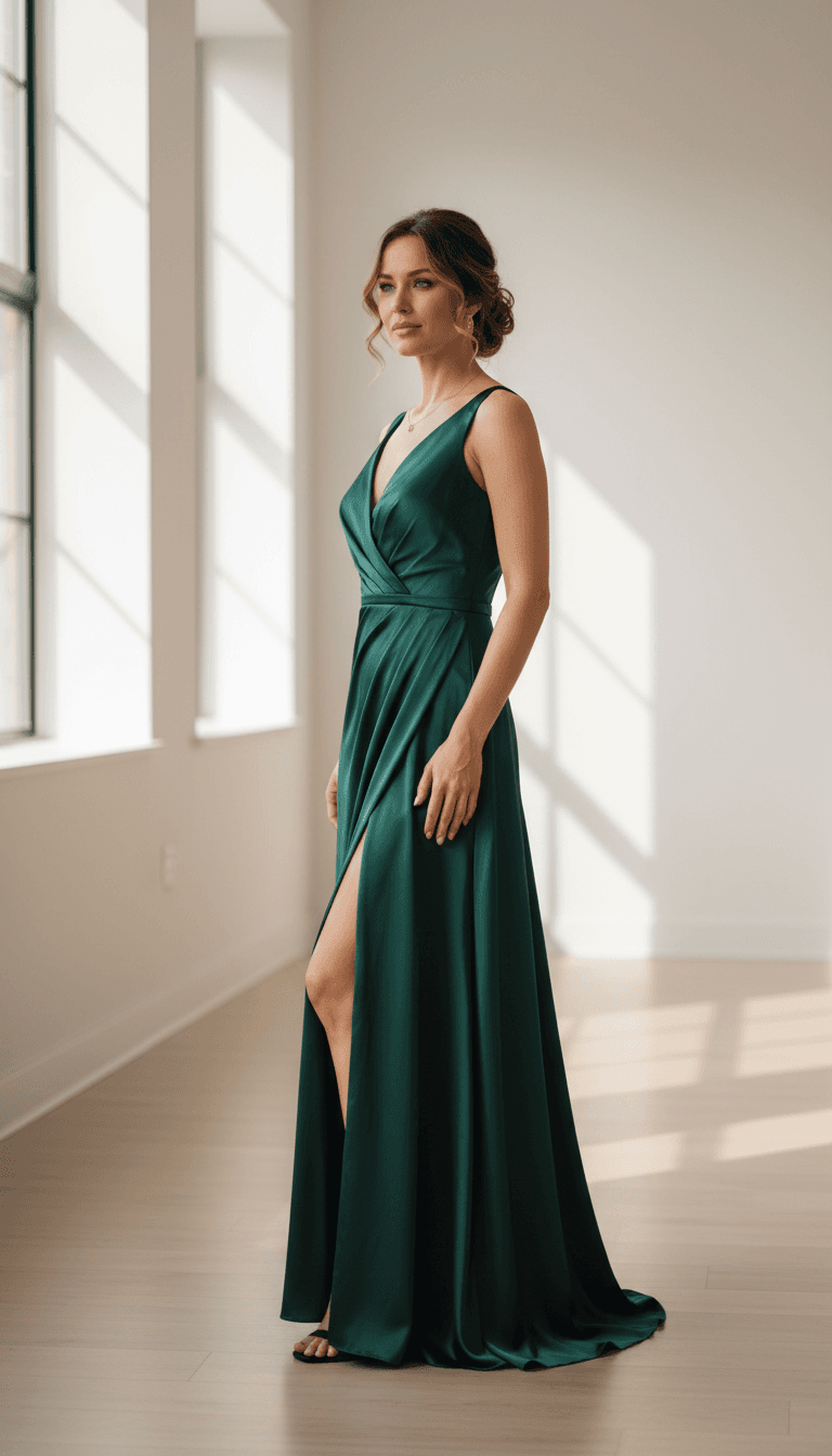 Champagne silk evening gown with a clean silhouette