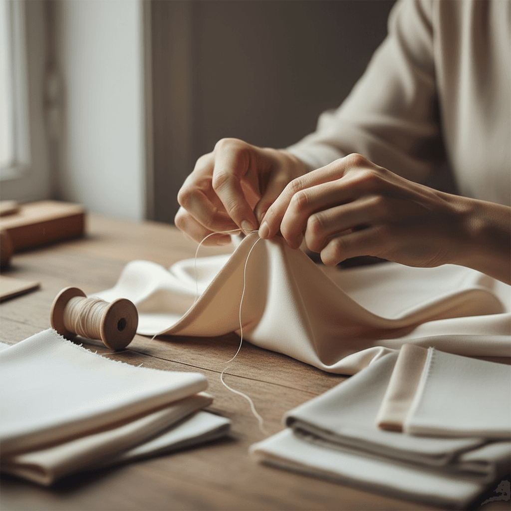Hand stitching fine silk fabric in a quiet atelier