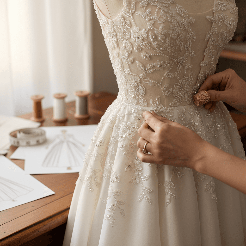 Cream silk wedding dress with subtle lace trim