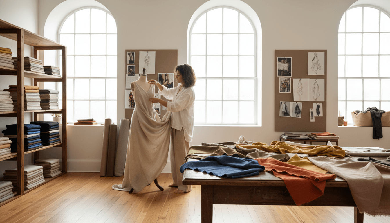 Designer fitting a client for a custom dress in a bright studio