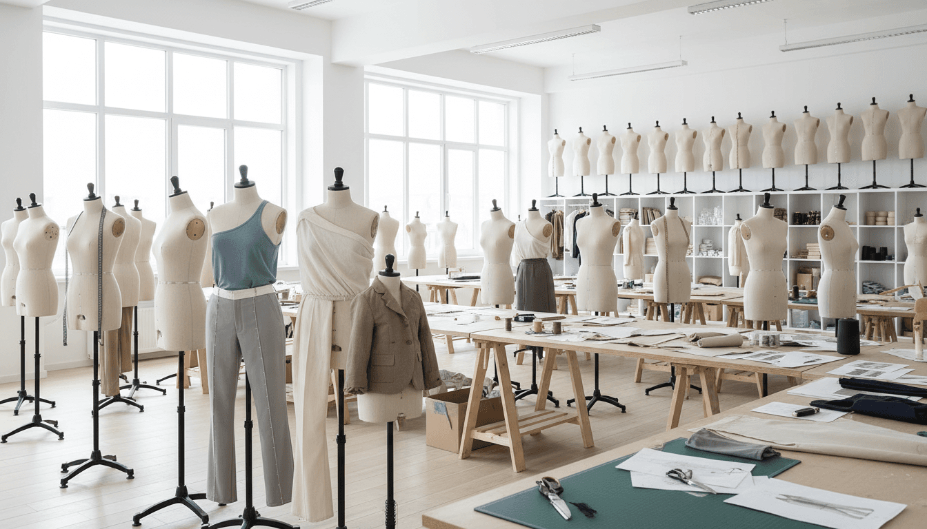 Interior of a refined Manhattan fashion studio with a dress form and soft lighting
