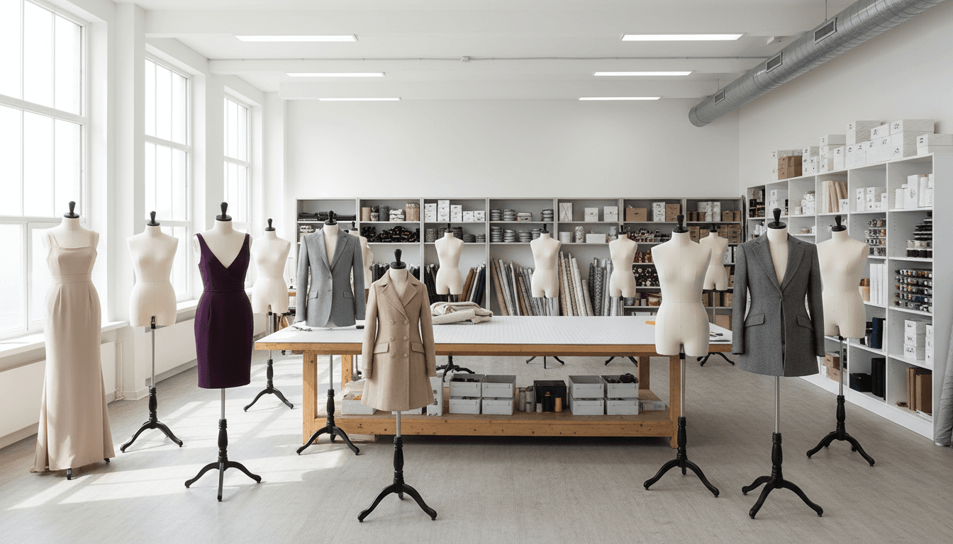 Tailor worktable with fabric and a dress form in a bright Manhattan atelier